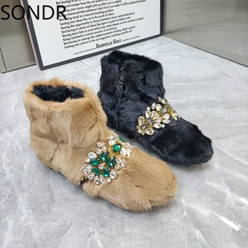 Moteriški apvalūs pirštai Rhinestones Diamond Real Mink Fur Ankle Boots Snow Warm Winter Shoes Crystal Thick Furry LuxuryNew 2024