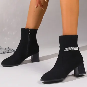 Moteriški batai 2023 Karštas išpardavimas Zip moteriški batai Mada Crystal Biuras ir karjera Prekės ženklas Solid Heels Moteriški kulkšnies bataiZapatos Mujer