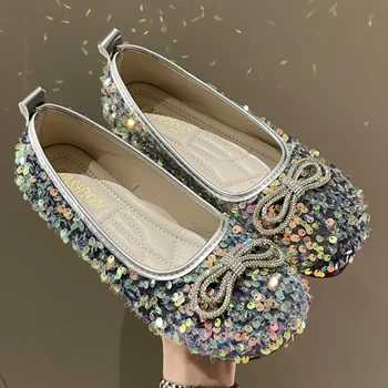 Moteriški plokšti batai 2023 Nauji pavasario seklios burnos plokšti batai Ponios apvalūs pirštai Blizgučiai Vienviečiai batai moterims Zapatos De Mujer