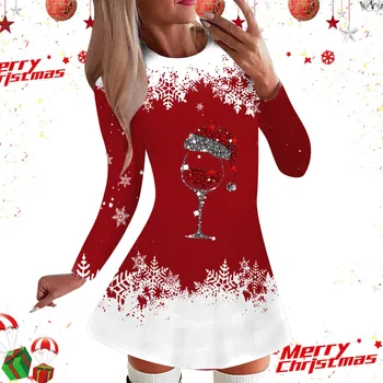 Moteriškos suknelės 2023 Pavasario mados kalėdinio vyno taurės Spausdinti Casual O-Neck ilgomis rankovėmis Mini A linijos kalėdinės suknelės drabužiai