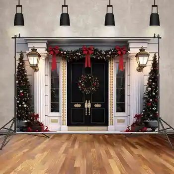 MĖNULIS. QG fotografija Fonas Kalėdų veranda Raudonas lankas Vainikas Medžio lempa Durų fonas Balta plytelė Namų sienos studijos dekoravimas
