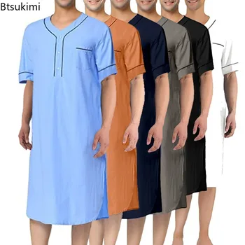Nauja 2023 m. Vyrų musulmonų mados chalatai Suknelė trumpomis rankovėmis Kieta medvilnė Laisvas O Kaklas Laisvalaikio naktiniai marškiniai Vyriški chalatai Namų apranga Abaya