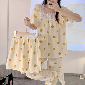 Nauja Pijama Mujer INS stiliaus pižama Moteriški pavasario vasaros miego drabužiai Medvilniniai trumpomis rankovėmis trijų dalių komplektas Saldus namų jaukumas