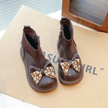 Nauji mergaičių odiniai batai Lankas PU Vaikų mada Laisvalaikio batai Šoninis užtrauktukas 2023 Pavasario ir rudens vaikai Princesės trumpi batai prašmatnūs