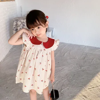 New Cherry Print Girls Dress Toddler Kid Baby Clothes Ruffles Cotton Dresses Elegant Cute Sweet Sundress Apranga 1-7T