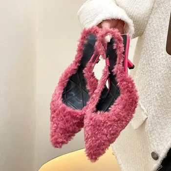New Pink Fur Slingback Sandals Women Fashion Pointed Toe Shallow Slip-On Plush Pumps Ladies Elegant Evening Furel Shoes