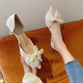 New Pointed Toe Stiletto Pearl Bow Decoration Fashion Ladies Shoes Sexy Elegant Bankquet Party High Heels Chaussure Femme