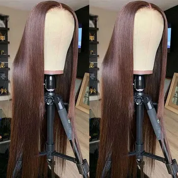 Nupešti rudi sintetiniai plaukai nėrinių priekiniai perukai be klijų, tiesūs aukštos kokybės karščiui atsparus pluoštas vidurinė dalis juodaodėms moterims