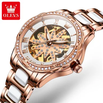 OLEVS 6681 Prabangus moteriškas laikrodis Fashion Diamond Moteriški laikrodžiai Automatinis mechaninis laikrodis Vandeniui atsparus stilingas moteriškas laikrodis