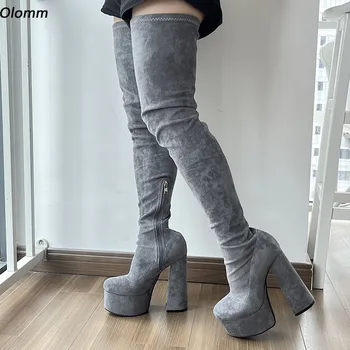 Olomm New Women Spring Long Boots Side Zipper Block Heels Round Toe Pretty Grey Night Club Batai plius JAV dydis 5-15