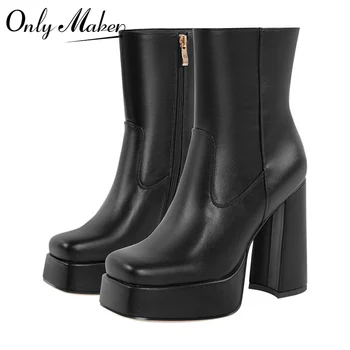 Onlymaker Women Square Toe Ankle Boots Black Matte Side Zipper Square Heels Fashion Party Dress Big Size Lady Shoeies