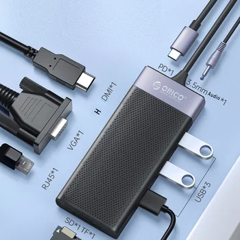 ORICO šakotuvas USB 3 0 Tipas C į VGA PD100W RJ45 SDTF skaitytuvas 3.5MM 10 in 1 prijungimo stotis MacBook priedams mini kompiuterio skirstytuvas