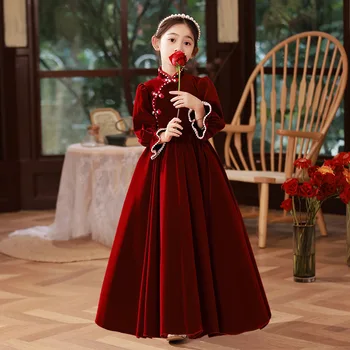 Prom suknelė mergaitėms Vaikai Elegantiškas raudonas aksomas Ilgos gimtadienio suknelės Vaikas Prabangus paauglių vakarinis balinis chalatas Paauglių vakarėlių drabužiai