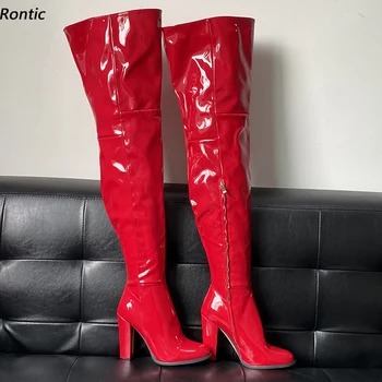 Rontic New Arrival Moterys Žieminiai šlaunų batai Unisex Patent Stambūs kulniukai Apvalus pirštas Elegantiški juodi raudoni Cosplay batai JAV dydis 5-20