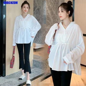 Rudens korėjiečių mados baltos medvilnės motinystės palaidinės Laisvi ploni marškiniai nuo juosmens Drabužiai nėščioms moterims Rudens nėštumo viršūnės