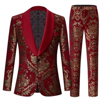 Ruduo ir žiema Nauji vyrai Raudonas vestuvinis kostiumas 2 dalių aukštos kokybės vyriški prabangūs žakardo švarkai ir kelnės