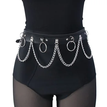 Sexy Women Gothic Hiphop Belt with Chain Harajuku Punk Style Jk Waist Adjustable Disco Dancing Pu Dress Jeans Waist Chain