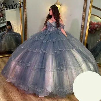 Smoke Blue Glitter Crystal Beading Ball Gown Quincenara Dress Off The Shoulder Ruffles Corset Vestidos de XV Años