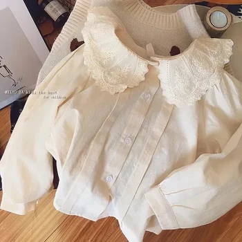Spring 100% medvilnė vientisa nėrinių balta palaidinė Vasariniai dryžuoti marškiniai Korėjietiški kūdikių ilgomis rankovėmis Viršugalviai Mieli marškiniai Mokyklos mergaičių palaidinės
