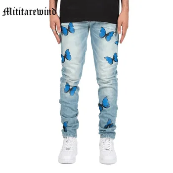 Summer New Men's Skinny Hip Hop Jeans Straight High Street Casual Butterfly Print Fashion Liekninančios vyriškos kelnės 2023 Y2k stilius