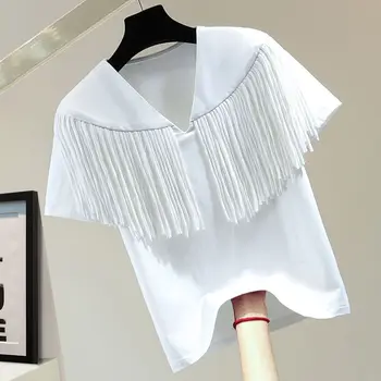 Tassel panelė trumpomis rankovėmis marškinėliai Moterys 2023 m. Vasaros korėjiečių laisvas prigludimas V kaklas Vienspalviai trikotažiniai marškinėliai Vintažiniai elegantiško dizaino megztiniai