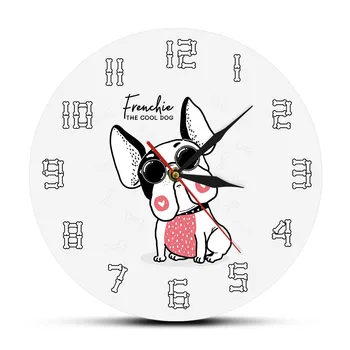 The Cool Dog Frenchie Modern Wall Clock French Bulldog Cartoon Silent Non-ticking Clock Hanging Wall Watch Dog Owners Home Decor
