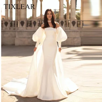 Tixlear Claasic Satin Mermaid vestuvinė suknelė be petnešėlių nuimamos ilgos pūstos rankovės Vestidos de Noiva Nauja