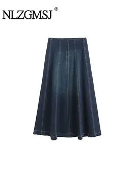 TRAF 2023 Rudens moterys Džinsinis plisuotas Midi A-Line ilgi sijonai Fashion Vintage High Waist Priežastiniai elegantiški sijonai