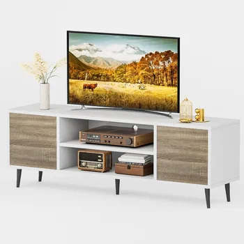 TV stovas 65 colių televizoriui, modernus pramogų centras su daiktadėže ir atviromis lentynomis, TV konsolės stalo laikmenų spintelė