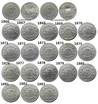 US A Set OF (1866 -1883) 20PCS Five Cents Nickel Copy Coins