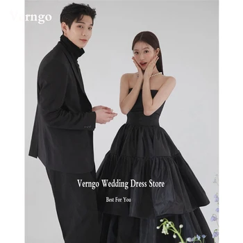 Verngo Black Taffeta A Line Long Evening Dresses Korea Women Spetred Tired Bride Party Dress Prom Gowns Oficiali proga