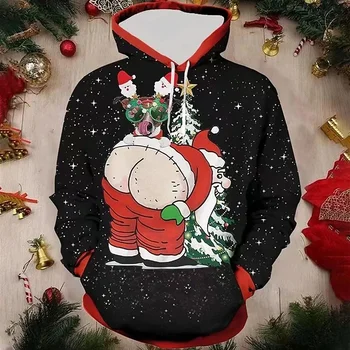Vyriški oversized Harajuku megztiniai, Kalėdinis džersis, Kalėdų senelio juokingo rašto džemperis su gobtuvu, spalvingas sniego senis, Madingi drabužiai 2024