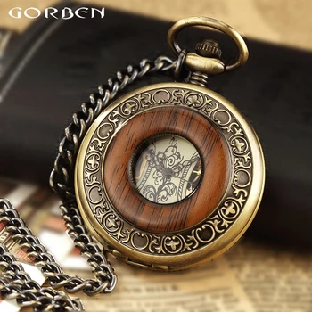 Wood Style Vintažiniai mechaniniai kišeniniai laikrodžiai FOB grandinė Steampunk Skeleton Men Vyras Išgraviruotas seno laikrodžio pakabukas su dovanų dėžute