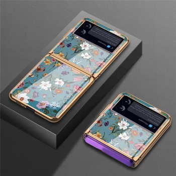 Z Flip 3 skaidraus stiklo dėklo minkštas pamušalas, skirtas Samsung Galaxy Z Flip 3 Small Floral Pattern Denging Glass Back CoverShell
