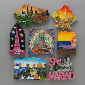 Šaldytuvo magnetai Barselonos mozaika Burj Khalifa Dubajus Auksinis Mianmaras Praha San Diegas San Marinas Tajų undinėlė Namų dekoravimo dovanos