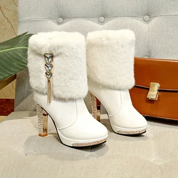 Žiema Nauji moteriški sniego batai Mada Keep Warm Plus Velvet High Heel Botines Casual Platform Fur Bota Feminina Plus Size