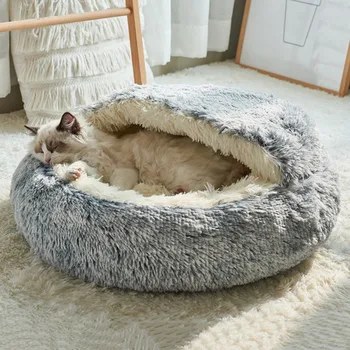 Žiemos kačių lova Katė Apvali pliušinė lova Pusiau uždaras katės lizdas giliam miegui Komfortas Šuniuko kačiukas Kilimėlis Krepšys Minkštas veislynas